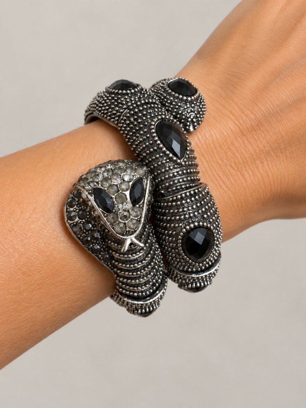 Vintage Black Crystal Snake Coil Bracelet Silver Tone Serpent Statement Jewelry